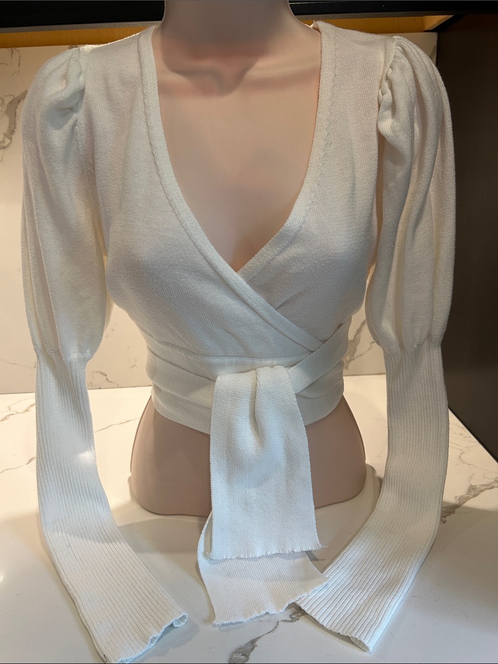 Brooklyn Karma Cream Wrap Knit Crop Top with Tie Waist